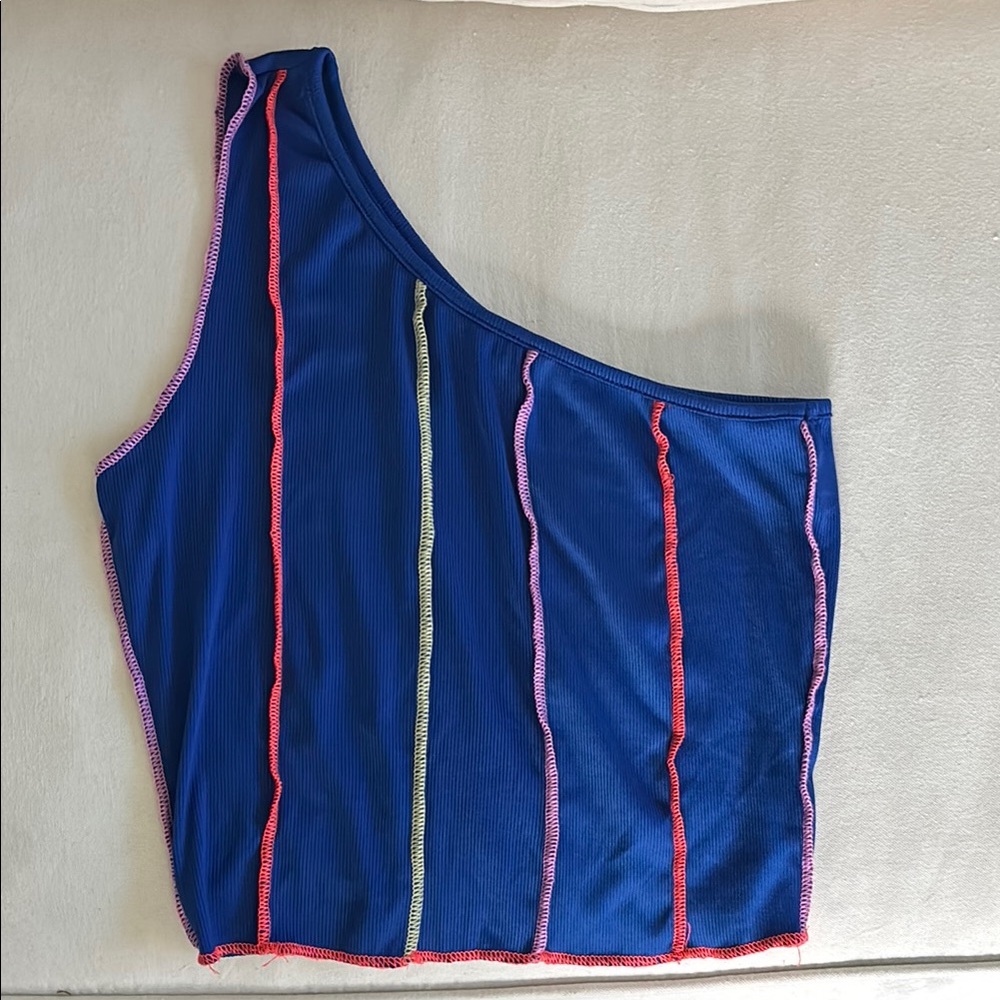 Blue One-Shoulder Top with Multicolor Trim